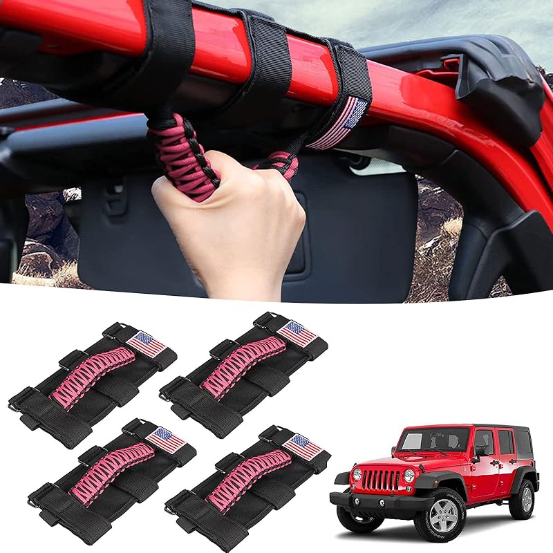 GAIZON 4 Pack Grab Handles Paracord Roll Bar For Jeep Wrangler Accessories CJ YJ TJ JL JK LJ JLU JKU Sahara Freedom Rubicon,Gladiator JT 1955-