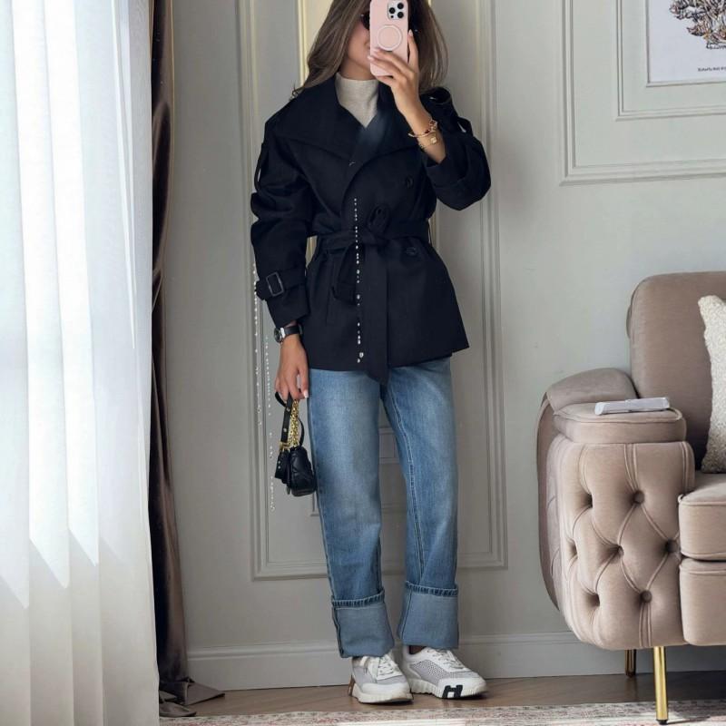 Casaco Curto Trench Coat Dupla Face Feminino 2026 Inspirado em Vintage com Gola Alta