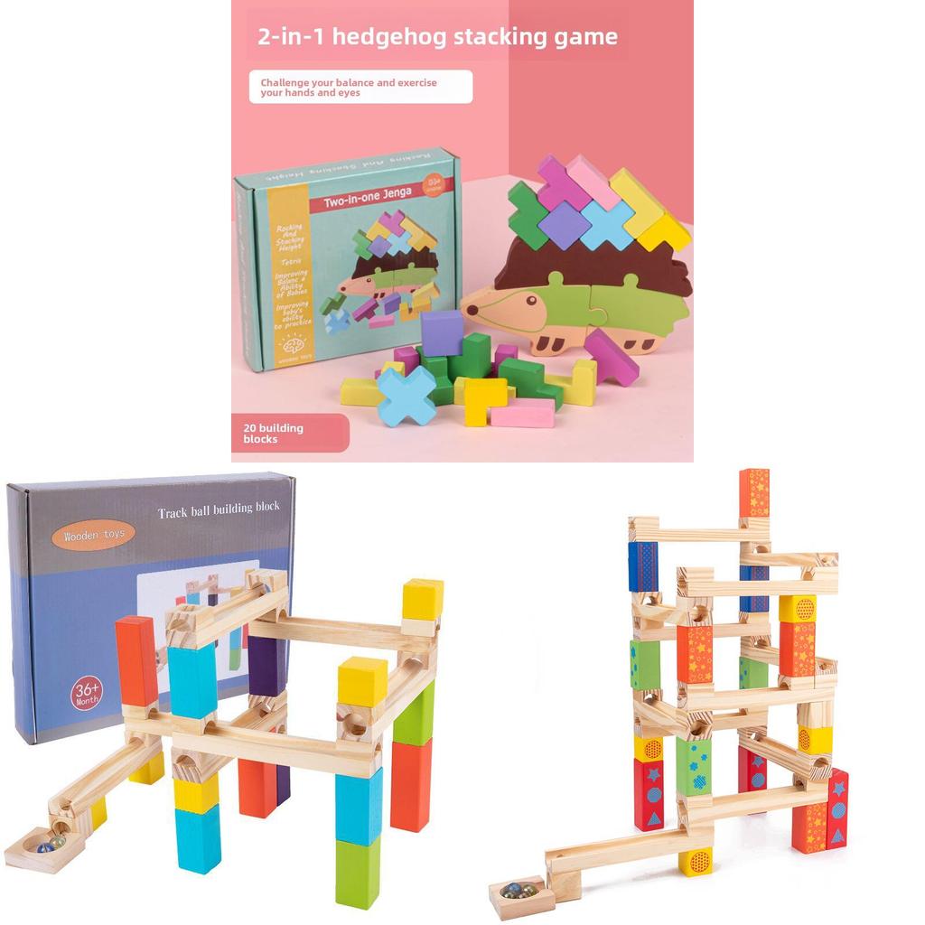 Wooden Kids Puzzle Building Blocks With Marble Track And Mechanical Dominoes For Cognitive Development