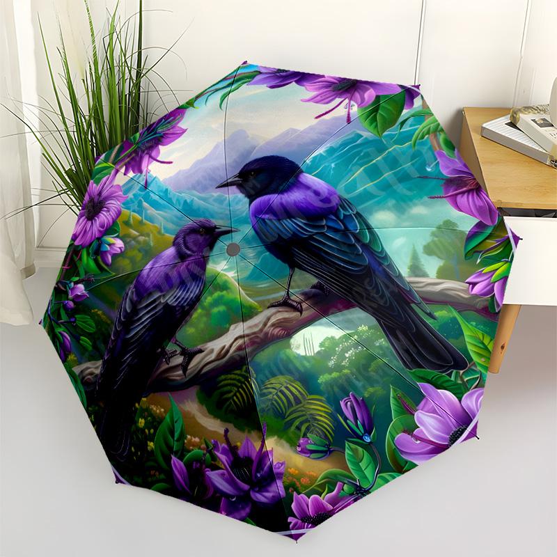 Colorful Birds Branches Portable Automatic Umbrella Sturdy 8-Rib Shaft Durable Plastic & Iron Travel Essential Fashionable Birthday/Christmas Gift