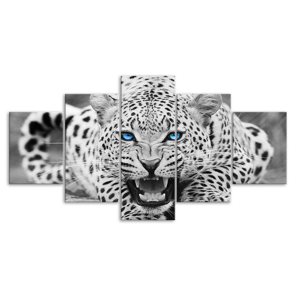 Weißer Leopard Helle Blaue Augen 5-teiliges Fünf-Panel Wandleinwanddruck Modernes Kunstposter Bild Heimdeko Geschenk für Ihn Für Sie