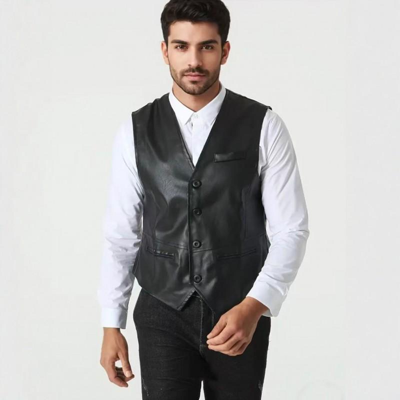 Mens PU Leather Vest Slim Fit V-Neck Single-Breasted Casual Sleeveless Jacket Black Brown