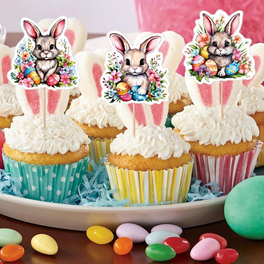 Easter Bunny Cupcake Toppers Happy Easter Bunnies Dessert Toppers Kids Birthday Party Cake Toppers Decoration for Easter Supply