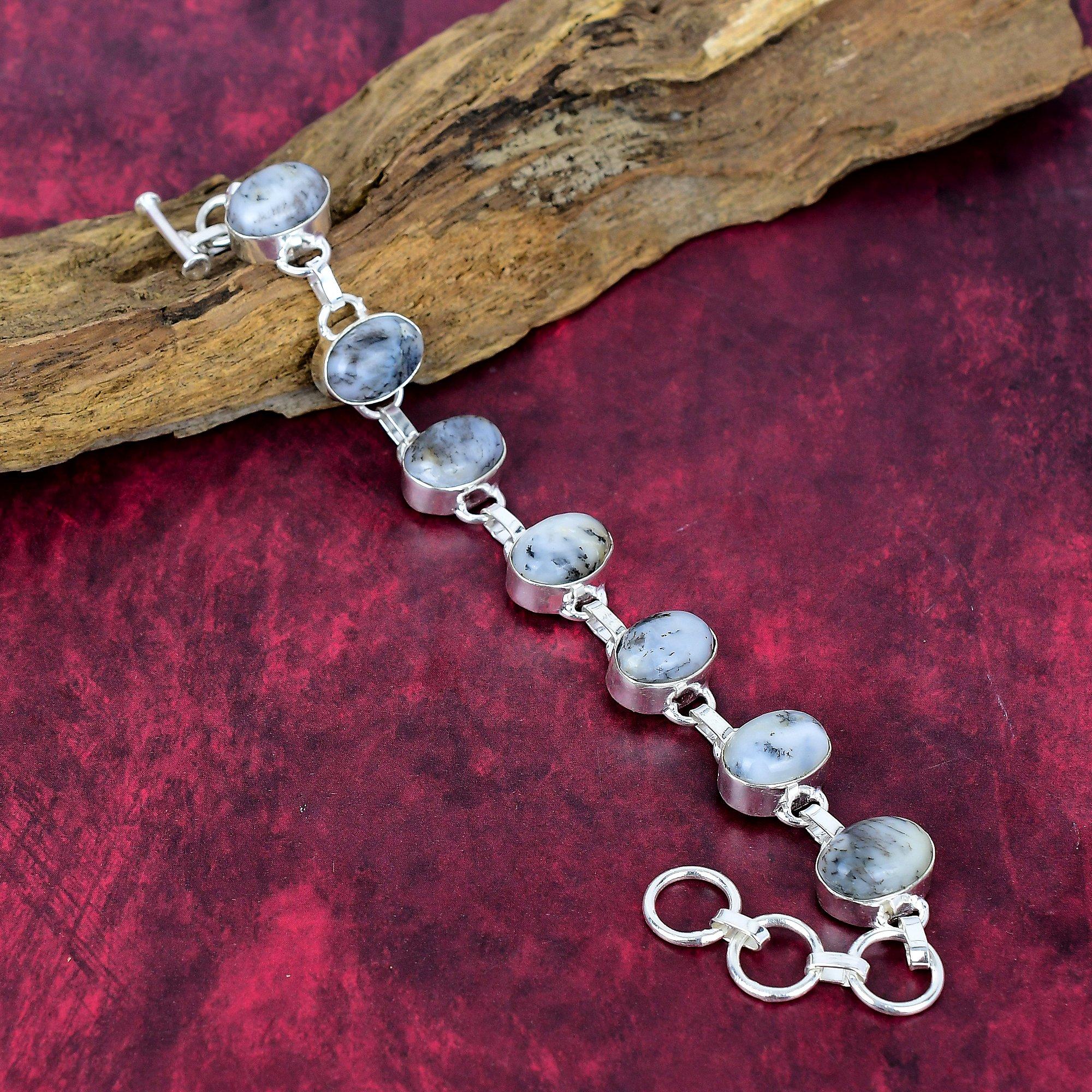 

Браслет с опалом и дендритом из стерлингового серебра 925 пробы, ювелирные изделия из драгоценных камней, браслет ручной работы на День благодарения Adjustable With 8 Inches