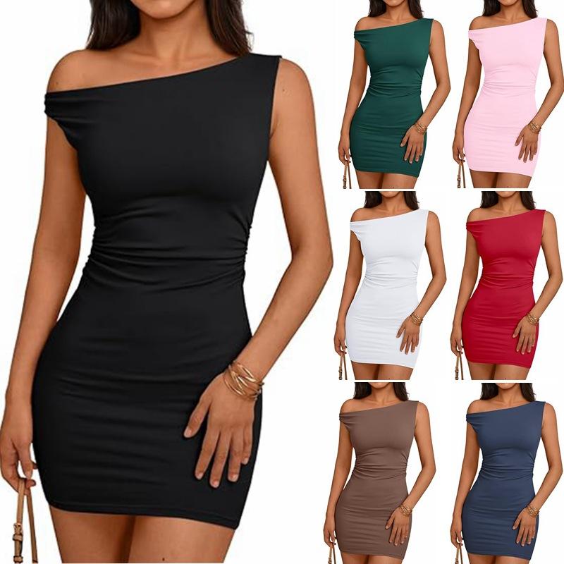 Women's off-shoulder neckline, gathered waist sleeveless bodycon dress