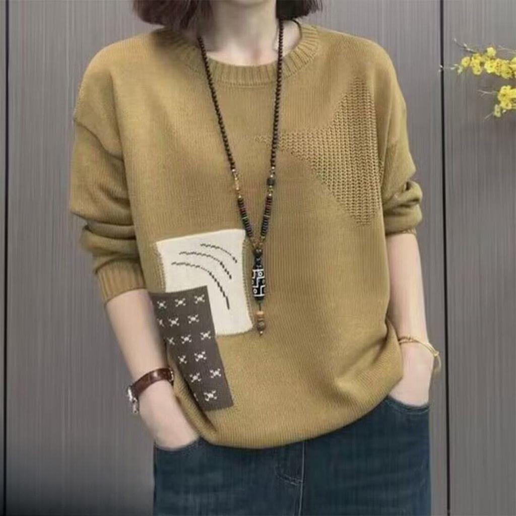 Spring Autumn Women's Casual Loose Sweater In Contrasting Color with Long Sleeves Round Neck In Famous Ethnic Style, Fashionable Knitted Sweater