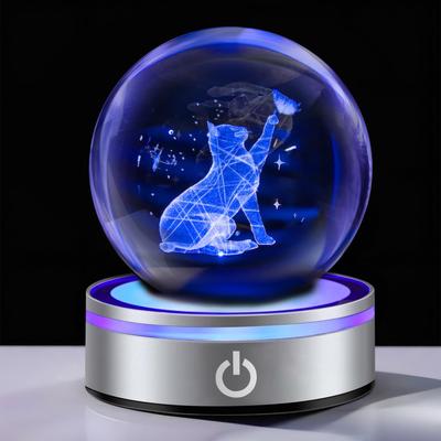 Cute 3D Cat Crystal Stylish Decorative Animal Soothing Crystal Ball with LED Light Popular Gift for Birthday Anniversary Graduation Day Friend
