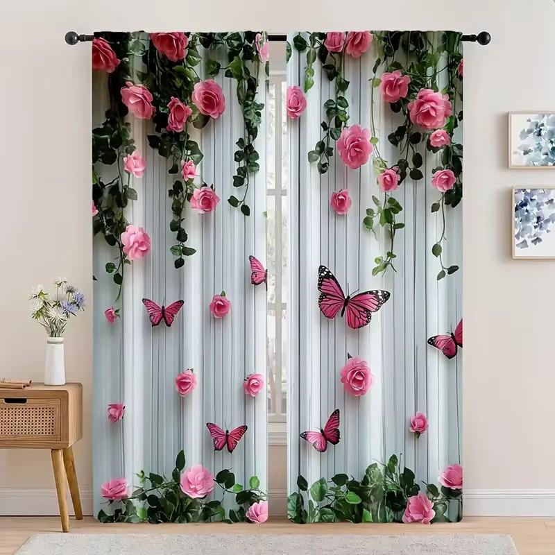 2 Pack Charming Pink Rose and Butterfly Print Curtains, Floral Vine Design, Flat Print, Perfect for Valentine's Day Living Room