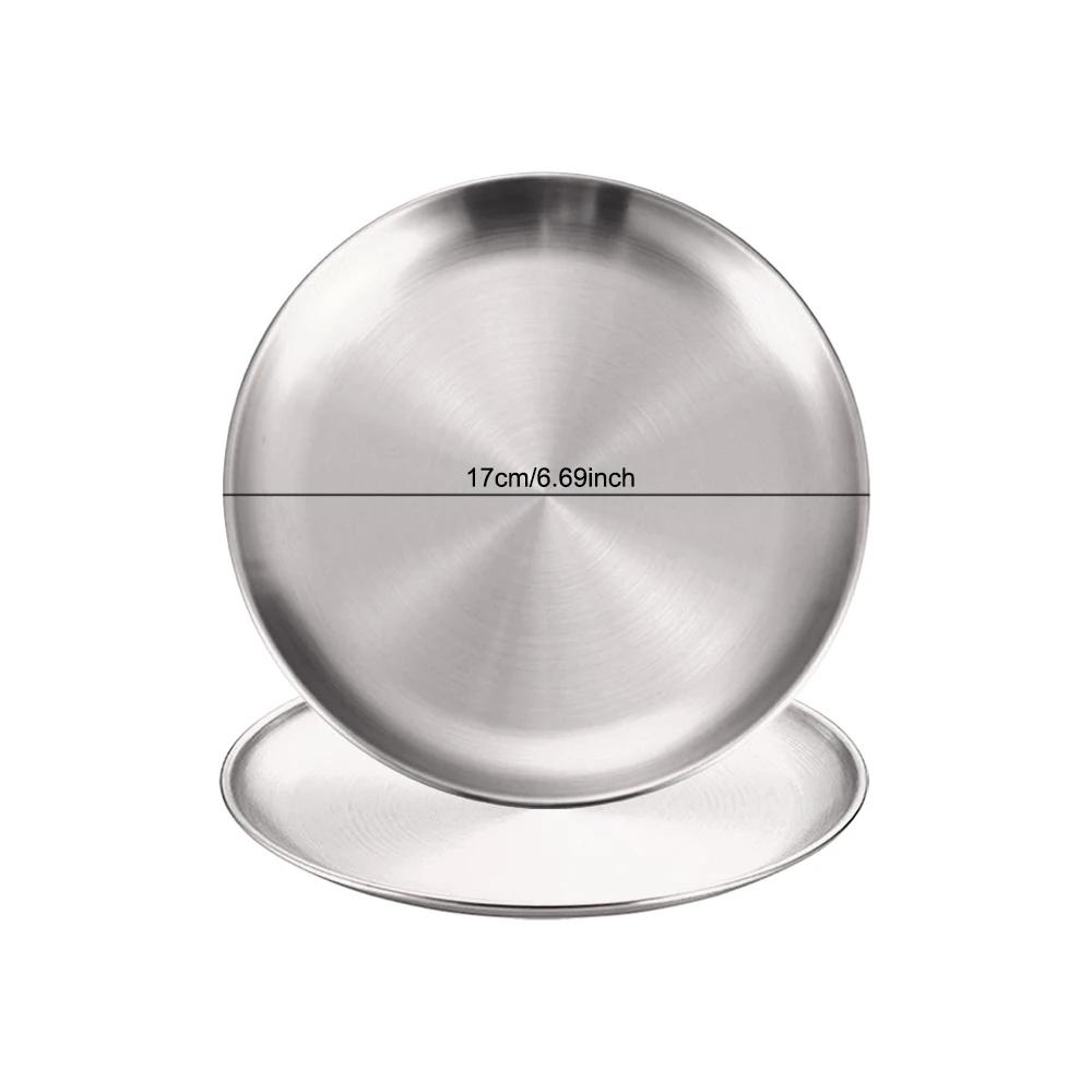 2Pcs Stainless Steels Round Silver Shallow Tray Plate Rust-Proof 14/17/20/23/26/30cm Camping Plate BBQ Picnic Dishes Cookware