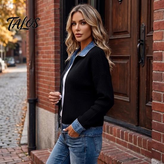 Ribbed Corduroy Top Women Denim Zip-Up Jacket, Long Sleeve Casual Coat, Relaxed Fit Jacket Fall Winter with Contrast Turndown Collar Outerwear