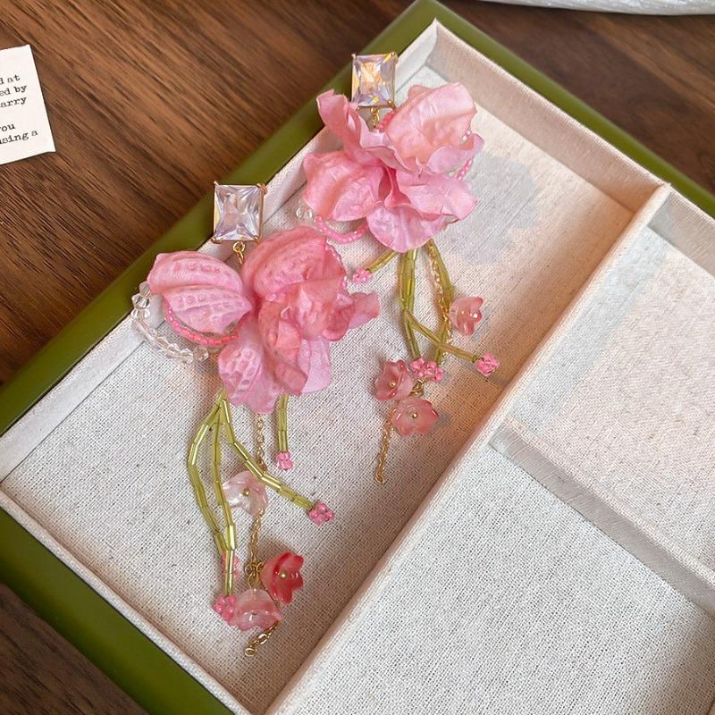 Silver Needle Pink Chiffon Flower Fringed Stud Earrings Small Fresh and Sweet Vacation Style Earrings Light Luxury High-end Earrings Women