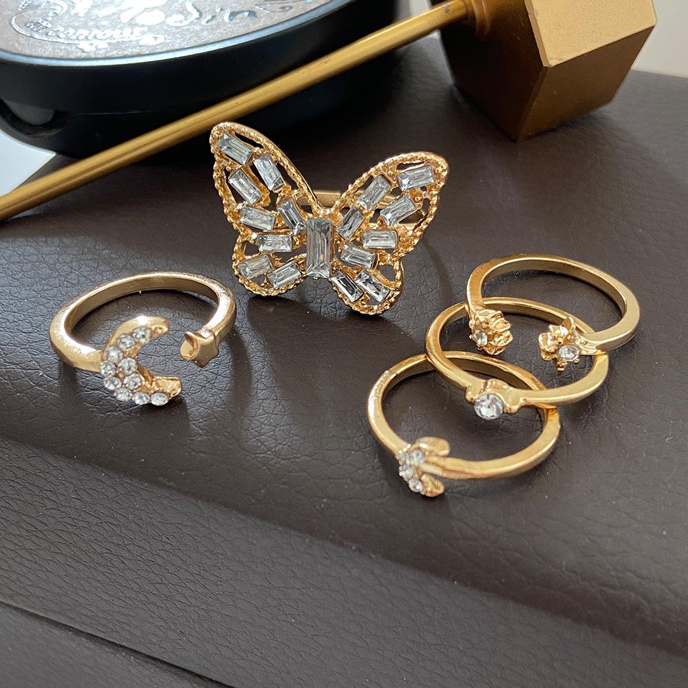 Bohemian 5-Piece Star, Moon, Butterfly Rings Set with Full Diamond Inlays - European & American Style