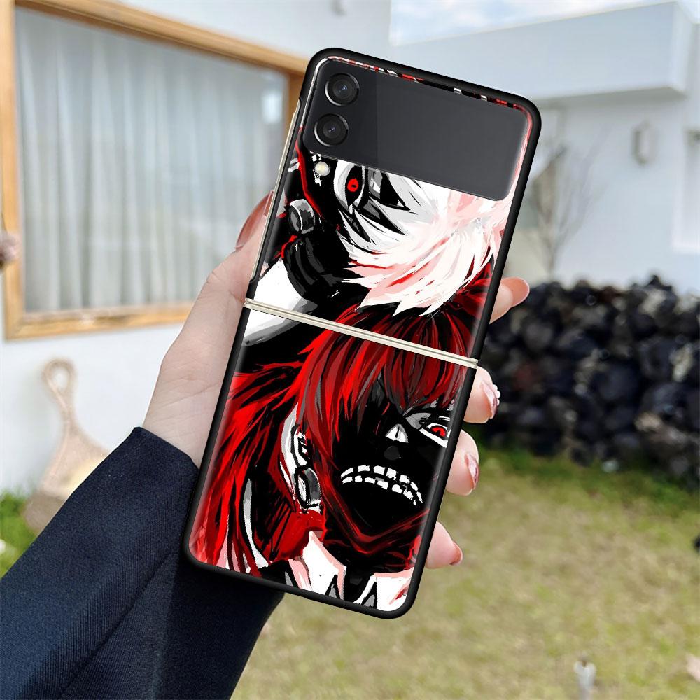 Luxury Case For Samsung Galaxy Z Flip 4 3 5G Black PC Hard Phone Cases Fashion Back Cover ZFlip Funda Anime Tokyo Ghoul Shell