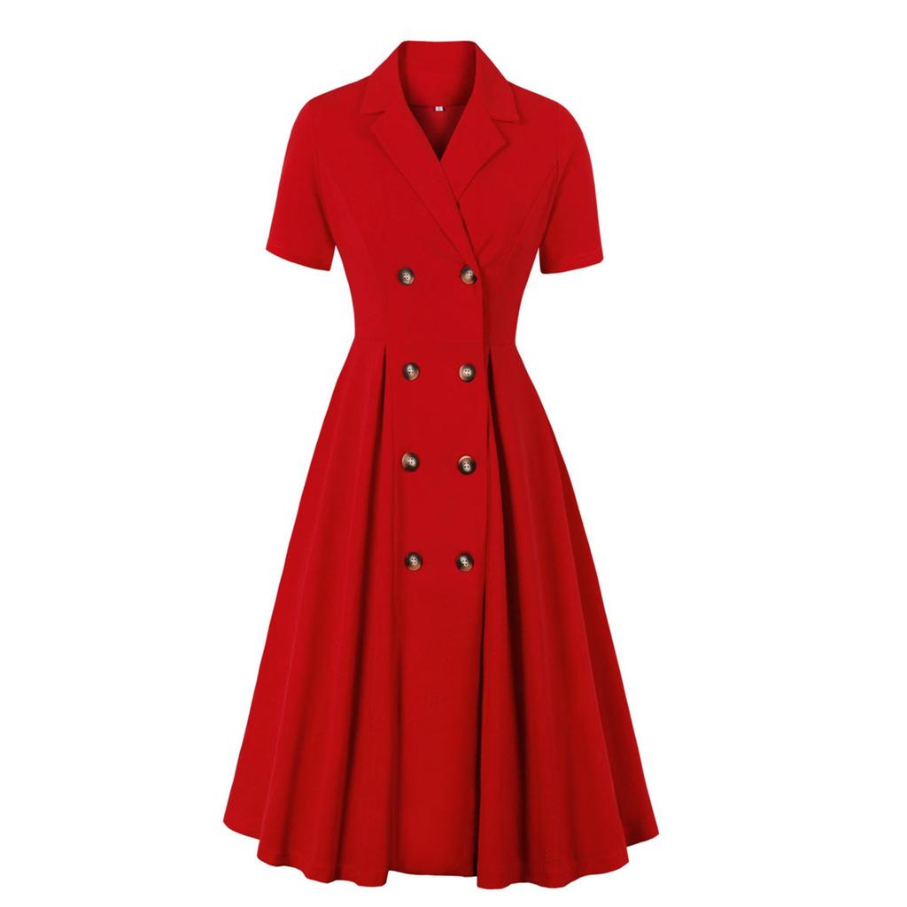 Women's Short Sleeve Color Vintage Lapel Dress With Large Swing Skirt