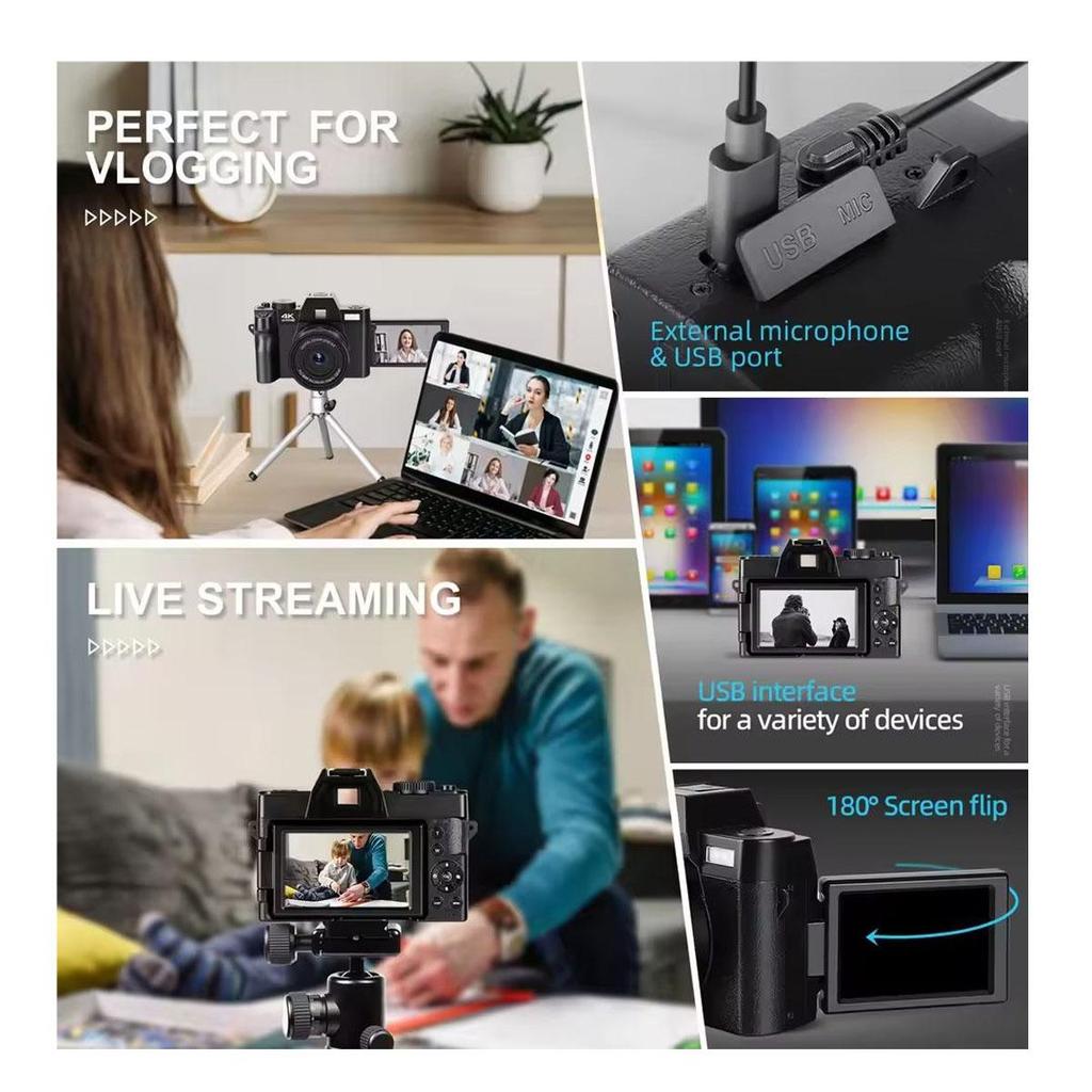 Macro Lens 4K Digital Camera Flip Screen Selfie Camcorder 48MP Youtube WIFI Webcam Vintage Video Recorder 16X Digital Zoom