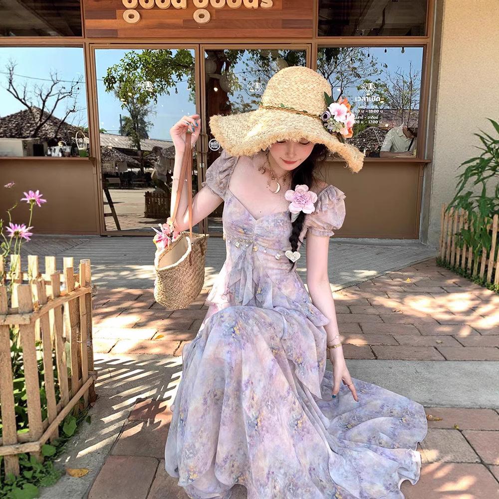 French 2026 floral lotus leaf floral dress sweet summer new temperament vacation skirt long dress