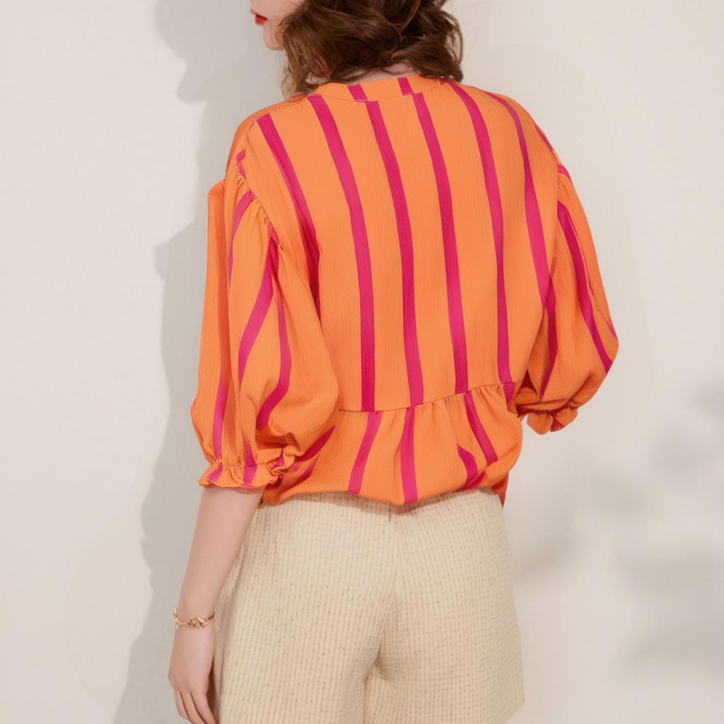 Womens Puff Sleeve Babydoll Tops Summer V Neck Striped Blouse Cute Casual Loose Fit Flowy Shirts