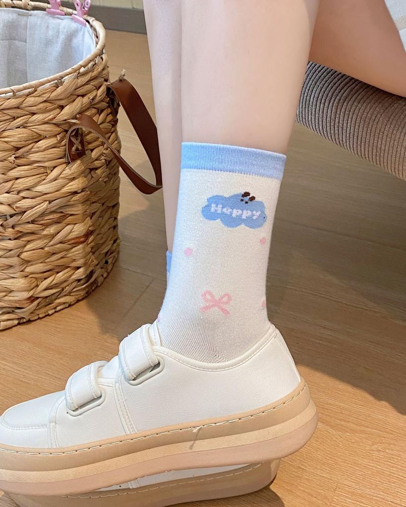 Cartoon Socks Medium Tube Socks Tide Spring And Autumn Cute College Style Bow Polka Dot Puppy Striped Socks
