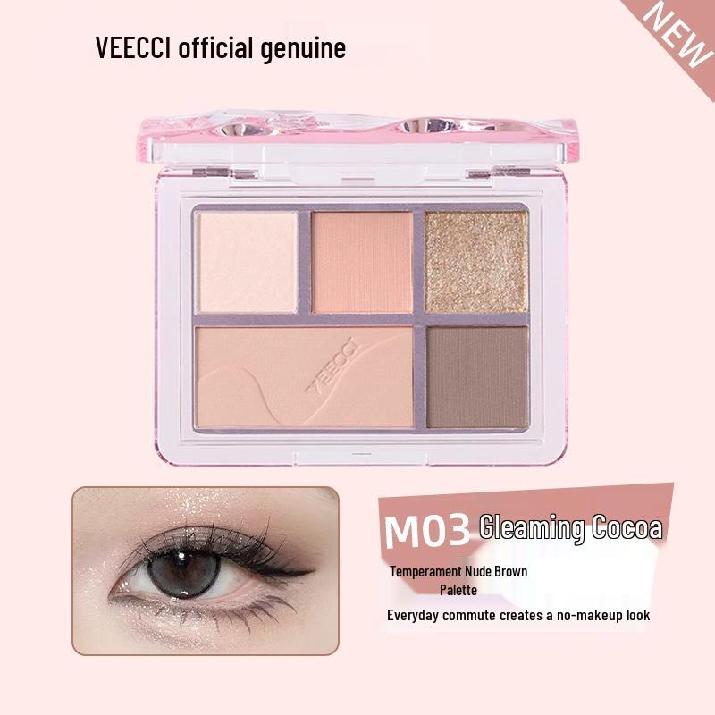 

VEECCI Weizi Qimeng Five-Color Eyeshadow Palette: Beginner-Friendly Pearlescent & Matte Earth Tones with Glitter. 5.2g