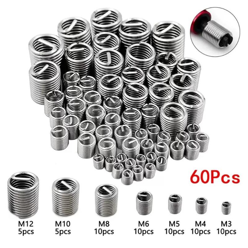 60Pcs Thread Repair Kit Wire Inserts M3 M12 Robust Fasteners for Auto Bicycle Repairs