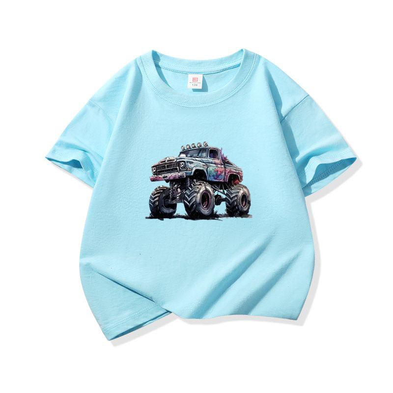Kids Cotton T Shirt Cool Cartoon Offroad Vehicle Print Crew Neck Short Sleeve Tee Casual Boys Girls Summer Tops