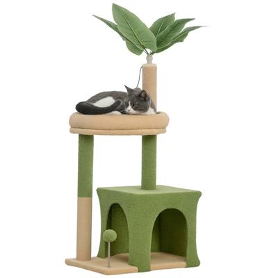 Kattenboom Katten Speeltoren met Mandenmand Krabpalen Ballen en Kunstbladeren 44 x 30 x 98 cm Groen