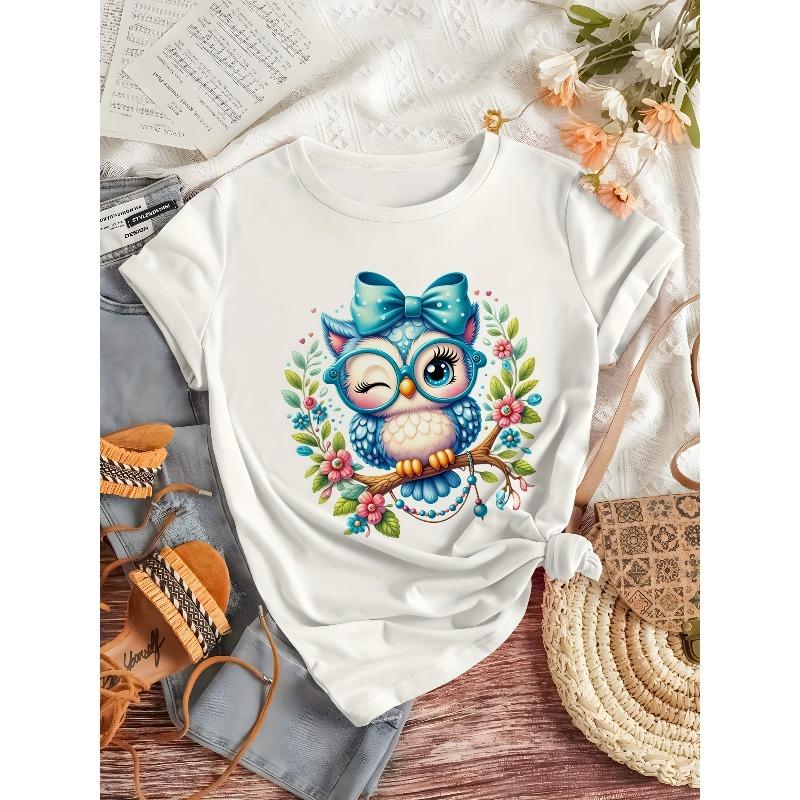 Damen Niedliche Eule Frühling Blumendruck T-Shirt Rundhalsausschnitt Kurzarm Grünes Schleifen-Dekor Atmungsaktiv Maschinenwaschbar Komfort-Passform Elegant Lässig Frühling