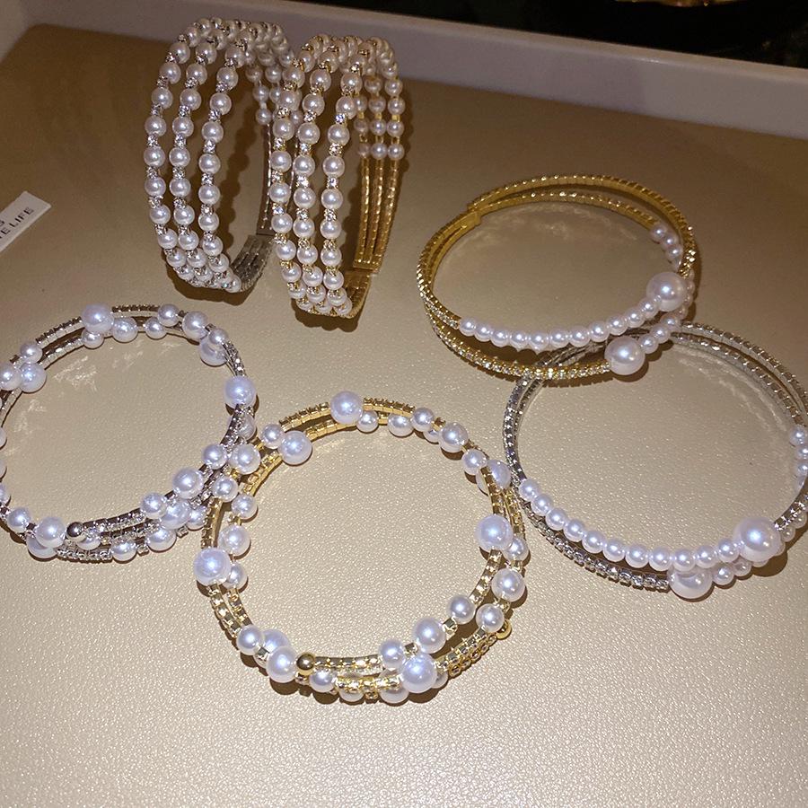 Iridescent Pearl and Diamond Multi-Layer Open Cuff Bracelet - Exquisite European and American Design