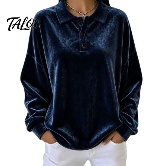 Damen Pullover Hemd Damen Samt Hemd, 3-Knopf Kragen Casual Bluse, Einfarbige Tägliche Kleidung Locker Langarm Oberteil für die Arbeit Atmungsaktive Bluse