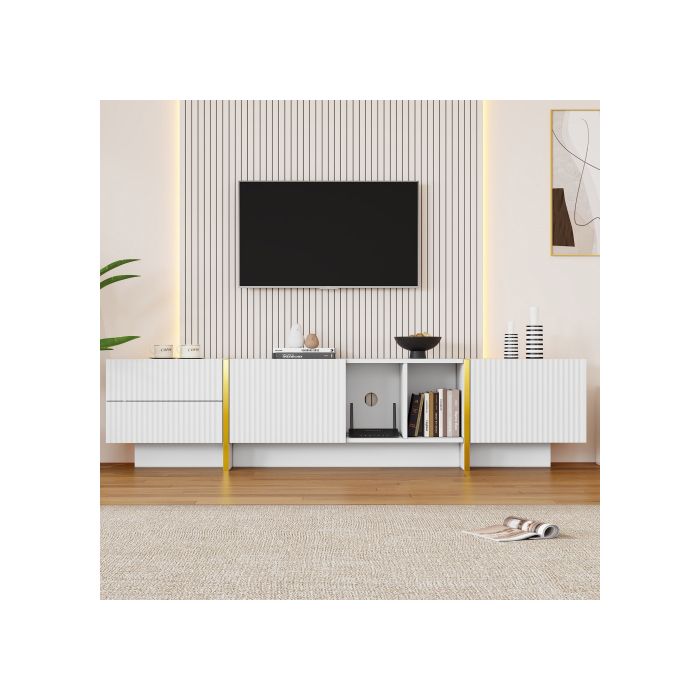 Meuble TV - MUVOE - 190x35x45,5 cm - Blanc - Pour téléviseurs jusqu'à 80 pouces - Design contemporain