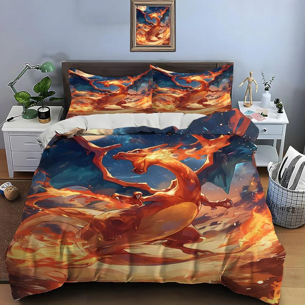 Pokmon Charizard Print Bedding Set 2/3 Pieces Setting Bed King Size Pillowcase Adult Bed Cover Bedroom Bed Set For Gifts