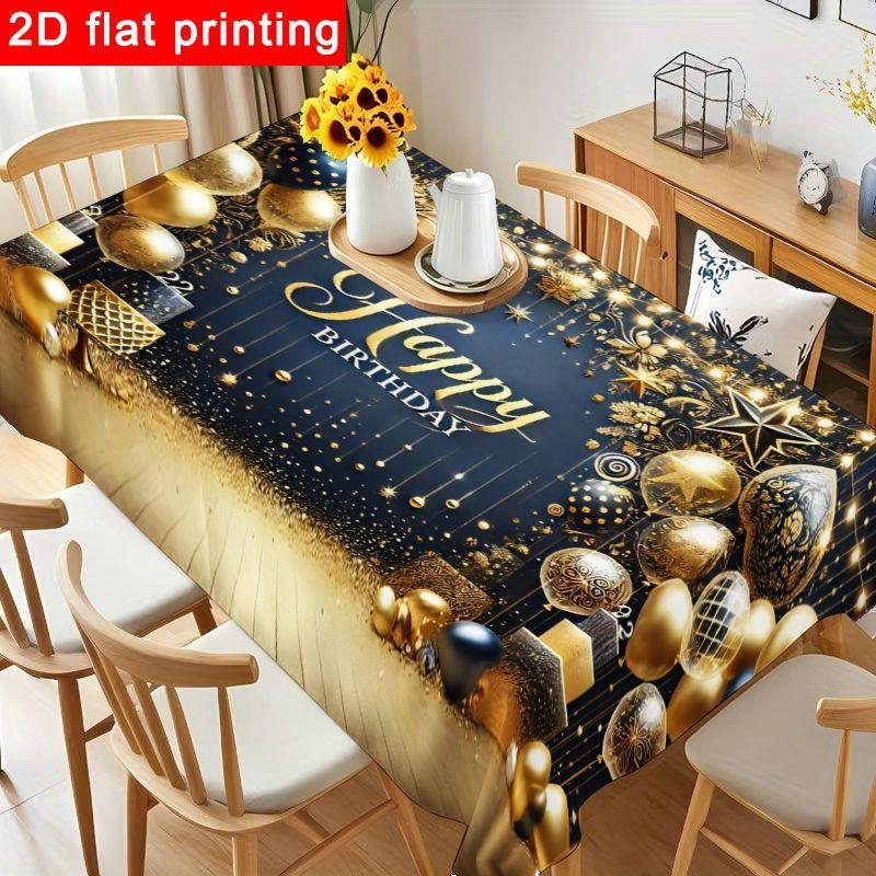 1pc Elegant Golden & Navy Blue Birthday Tablecloth with Shimmering Fairy Lights Suitable for Round/Square Tables, Luxurious Reusable Table Cover for P
