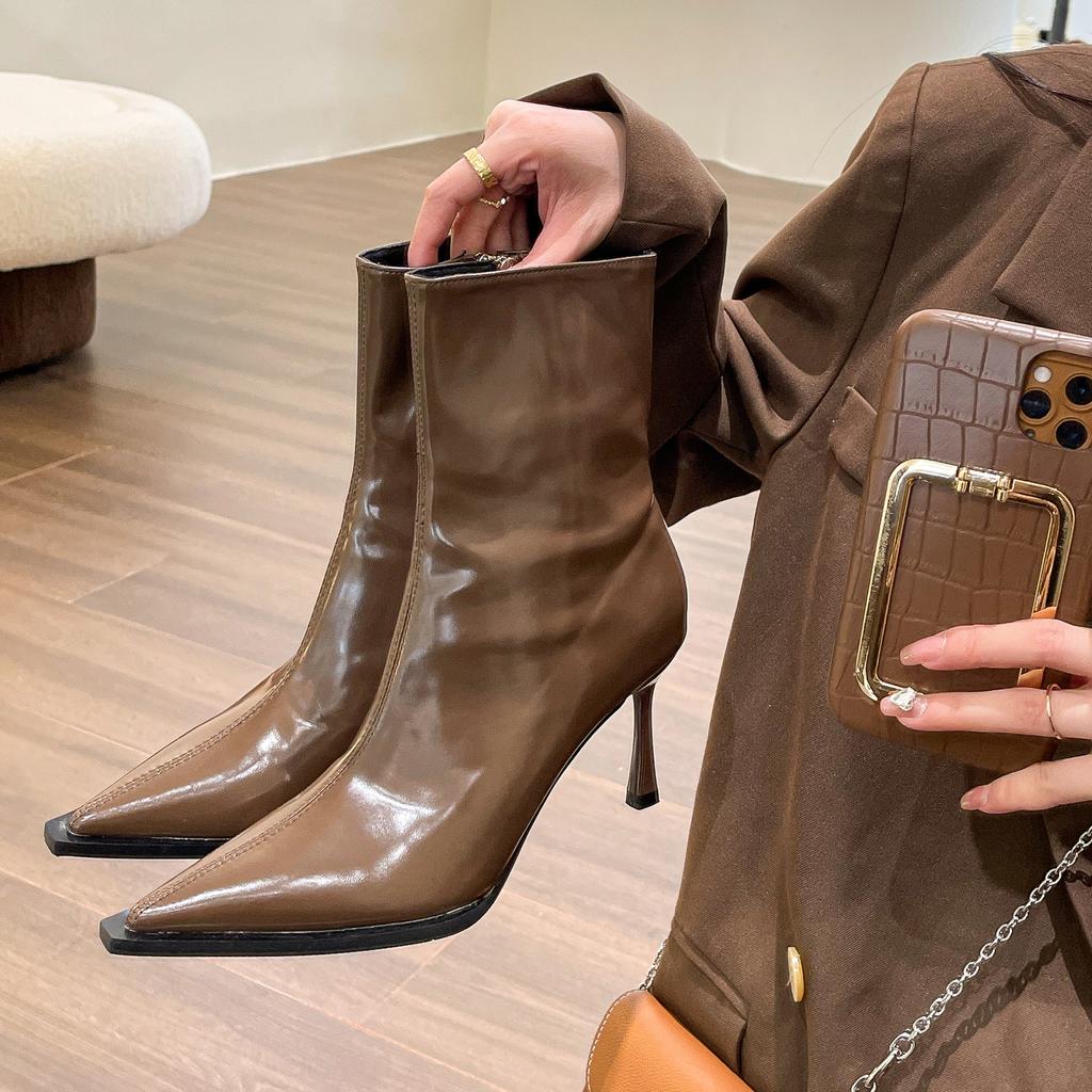 Shangsi, European and American retro pointed short boots children's temperament high heels patent leather