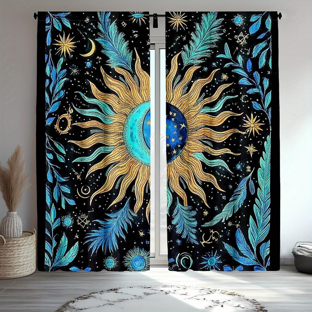 2pcs Astrology-Themed Blackout Curtains, Moon Phase & Feather Print, Polyester Drapes in Blue and Black, Bedroom Curtains|Moon P