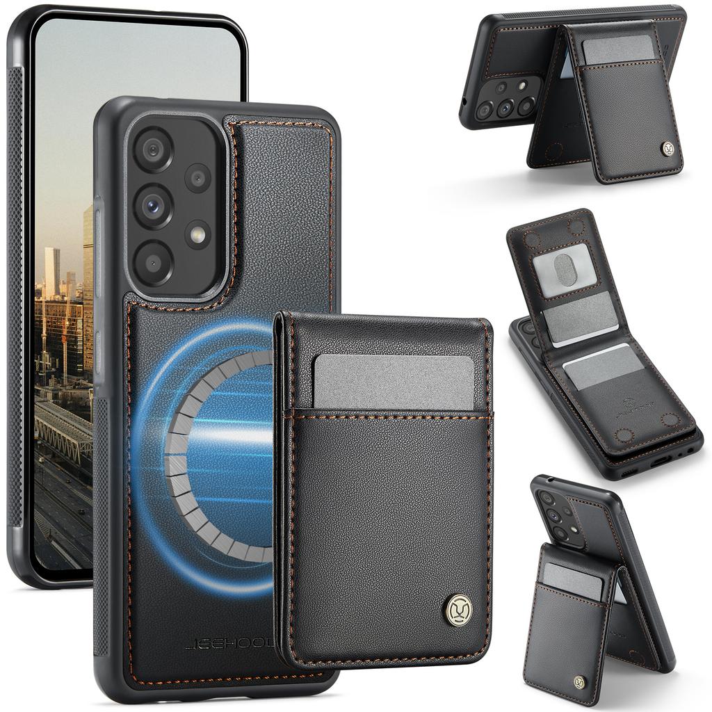 For Samsung Galaxy A52 5G/Galaxy A52s 5G/Galaxy A52 4G Leather Back Cover Compatible with MagSafe JEEHOOD J06 Phone Case with Card Bag RFID Blocking