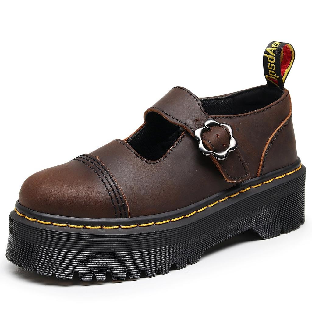 Dámské boty Mary Jane s T-páskem na silné podrážce, kožené nízké kožené boty, první vrstva Crazy Horse tmavě hnědé ležérní studentské japonské boty