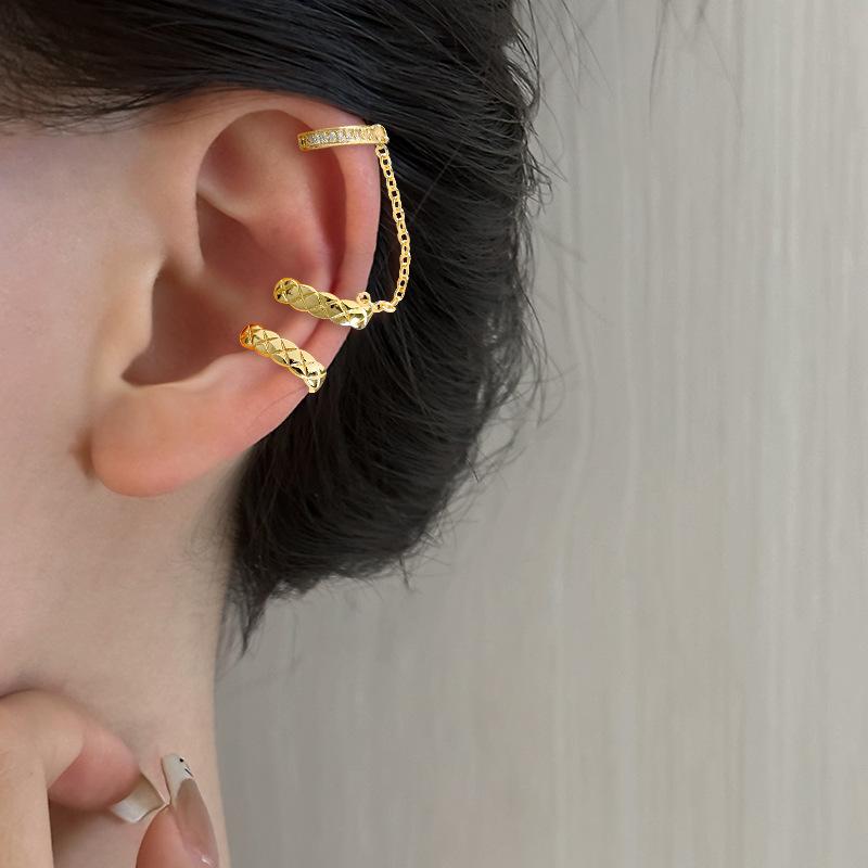Rhombus Row Drill Ear Clips Without Ear Piercings, Personalized Xiaoxiangfeng Earrings, Long Chain Integrated Zircon Ear Bone Clips