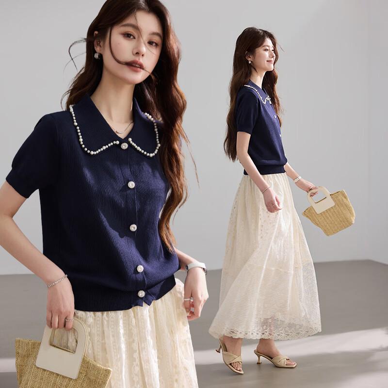 VICTORIA&VERA Hepburn Style Pearl Lapel Short Sleeve Knit Top