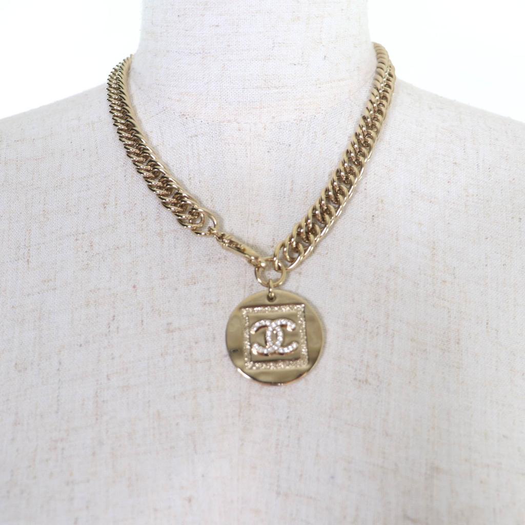 Great CHANEL Necklace COCO Mark Rhinestone Coin gold metal Women B23P Used