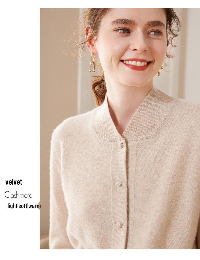 Women's Hand-Knitted Cashmere Cardigan, Short Stand Collar, Loose Fit, Big Red, Autumn/Winter Sweater.