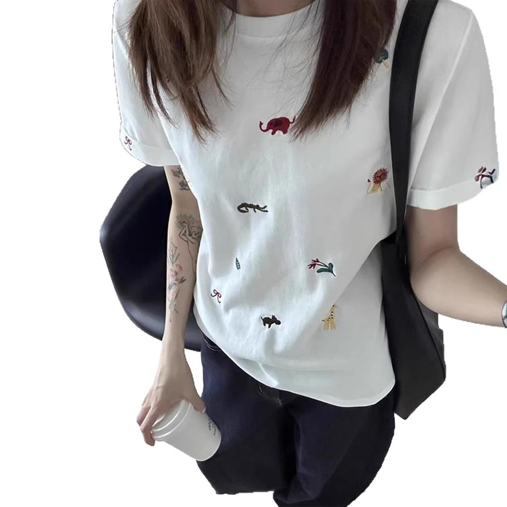Cute Fun Animal Embroidery Crew Neck Front Shoulder Skinny Short Sleeve T-Shirt Women's Summer White Design Niche Top