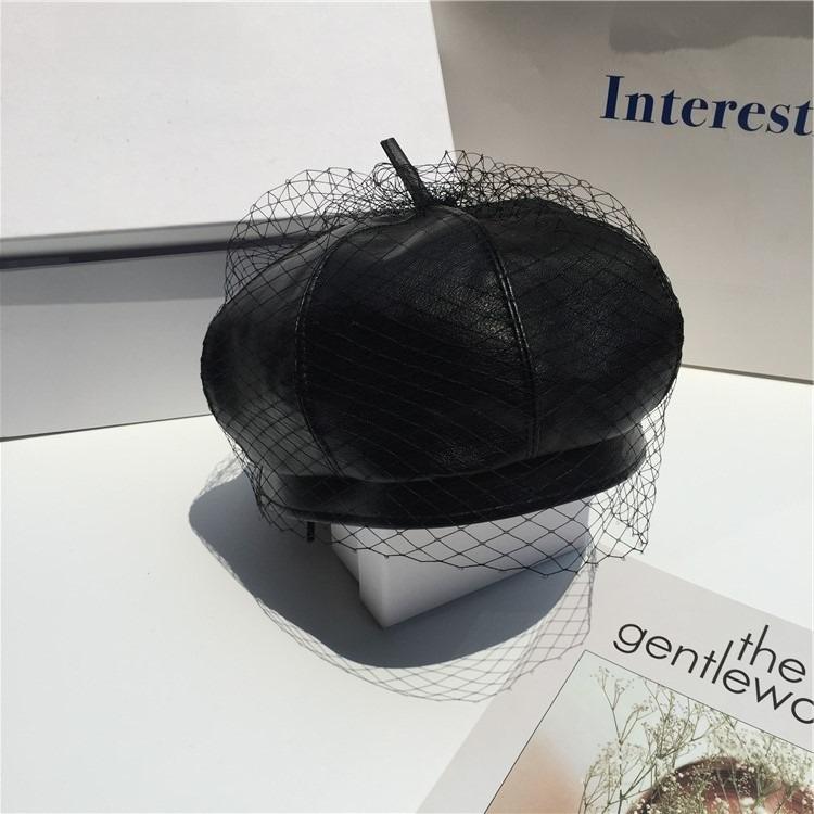 Stylish PU Leather Beret Retro Mesh Black Beret Trendy Painter Hat Popular Pumpkin Hat