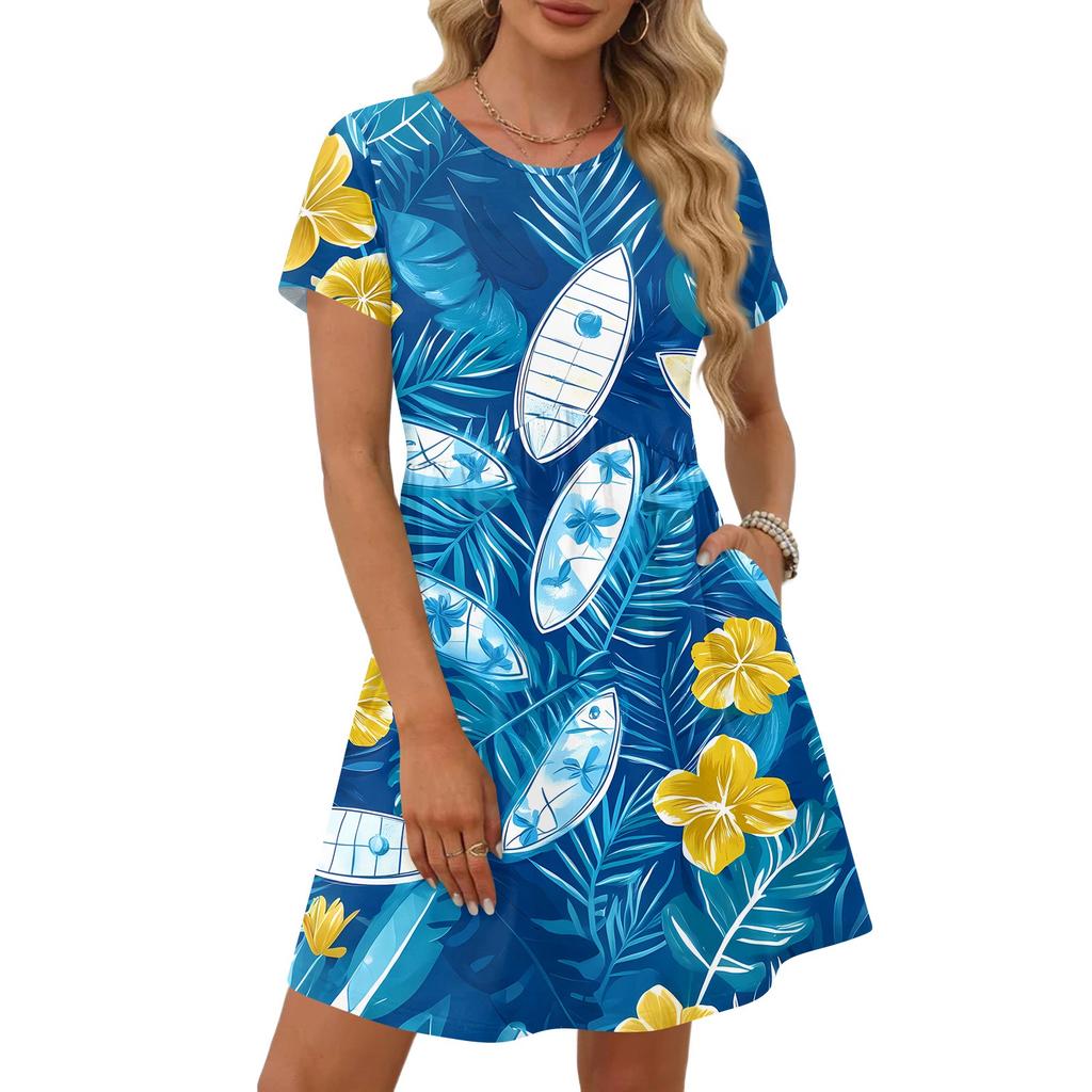 Dresses For Women Short Sleeve Print Round Neck Casual Dresses Waist Dress With Pockets