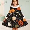 Girls High Neck Long Sleeve Furry Trim Printed Witch Frog Pattern A Line Flared Dress