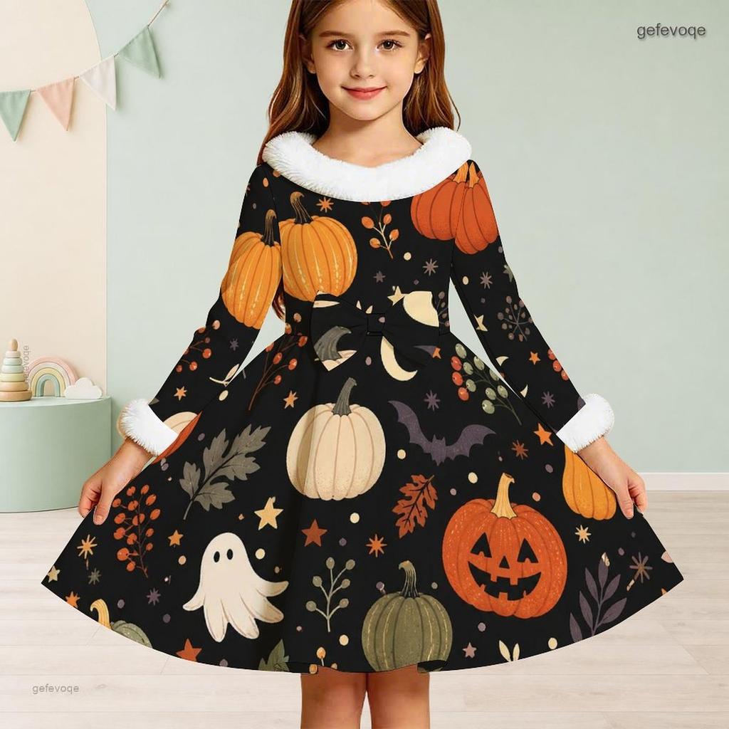 Girls High Neck Long Sleeve Furry Trim Printed Witch Frog Pattern A Line Flared Dress