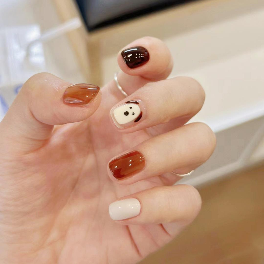 

C571 Wearable Cartoon Puppy Nail Stickers - Cute Autumn/Winter Short False Nails
