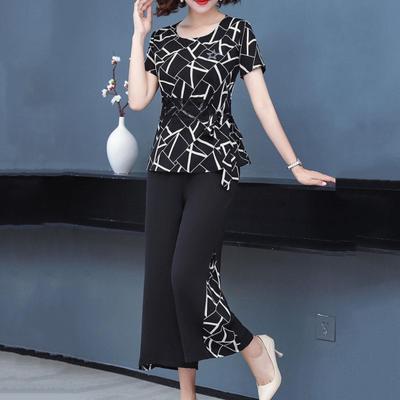 2 τμχ/Σετ Γυναικείο Σετ παντελόνι Plus Size Floral print Κοντό μανίκι O με κορδόνι στο λαιμό στενό μπλουζάκι μέσης με φαρδύ πόδι Γυναικείο παντελόνι μεσήλικας
