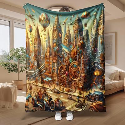 Steampunk Cityscape, for Art Lovers, Blanket, Vintage Gears And Airships Design, Home Decor And Travel, Soft Cozy Multi-Purpose Gift