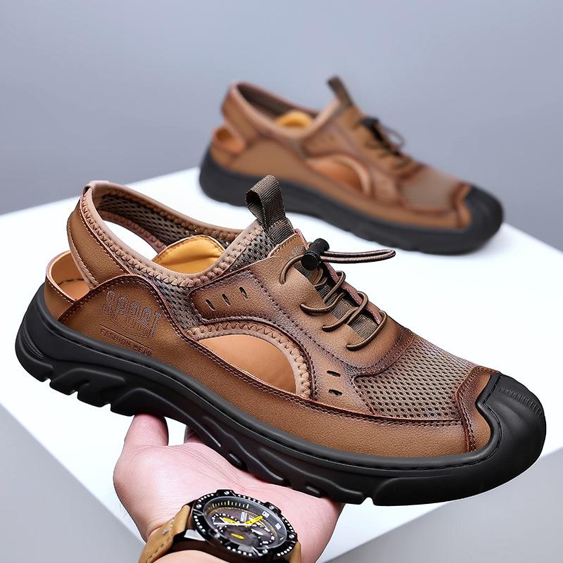 2025 Summer Breathable Sandals Men's Mesh Leather Rubber Non-slip Casual Shoes Open-toe Wear-resistant Fashion Daily Men's Shoes