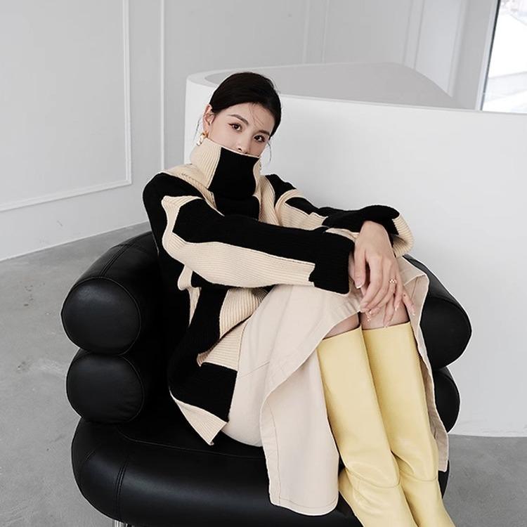 Turtleneck Pullovers Women Striped Thicker Long Sleeve Knitting Tops Casual Sweaters Fall Winter All-match Cozy Keep Warm Sweaters